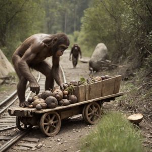 01192 masterpiece Hasselblad photo of the prehistoric era with a prehistoric clunker wood tram 1 5 There are some prehistoric australo dreamshaperXL turboDpmppSDE