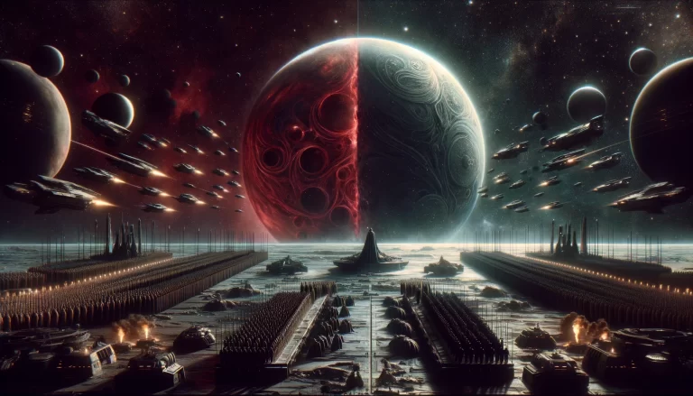 DALL·E 2024 02 12 18.41.45 Create a cinematic still that encapsulates the decades long tensions between the Empire of the Crimson Nebula and the Dominion of the Spiral Arm, root
