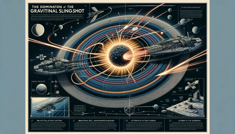DALL·E 2024 02 12 18.41.52 Create a technical illustration showing the gravitational slingshot maneuver used by the Dominion of the Spiral Arm. The illustration should include a