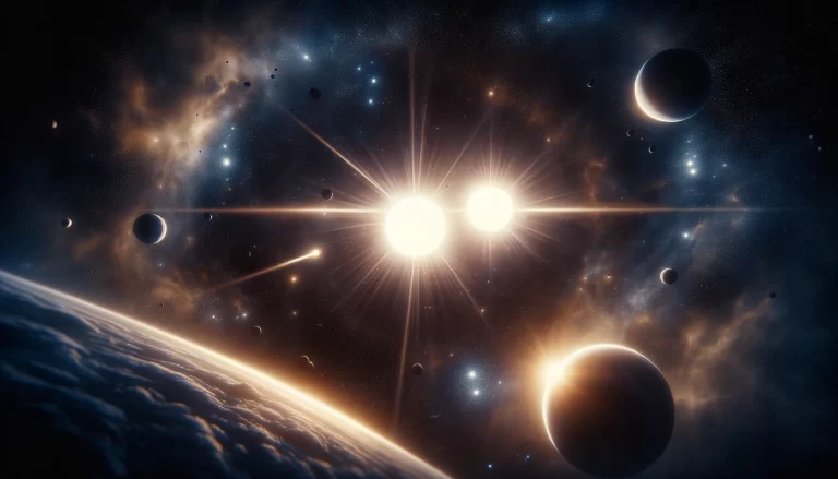 DALL·E 2024 02 12 18.42.27 A breathtaking view of the Twin Suns system from space, showcasing the two stars orbiting each other closely, casting a mesmerizing glow that illumina