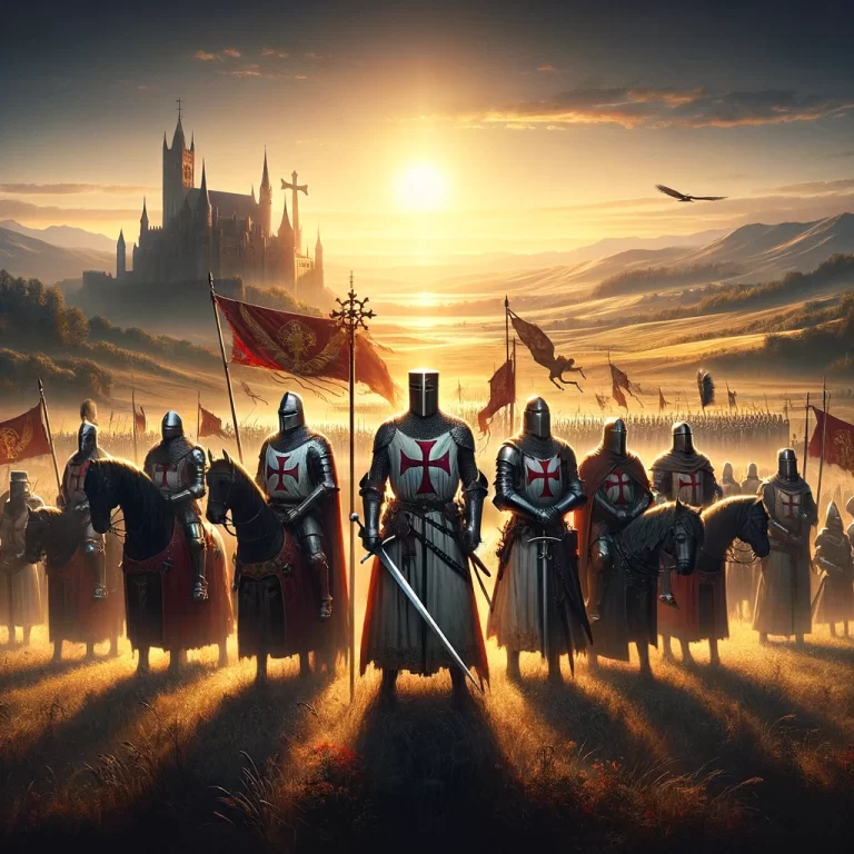 DALL·E 2024 02 14 21.37.10 A grand panoramic scene capturing the essence of the Templar Knights and their legendary quest for the Holy Grail. The setting is a vast, rolling land