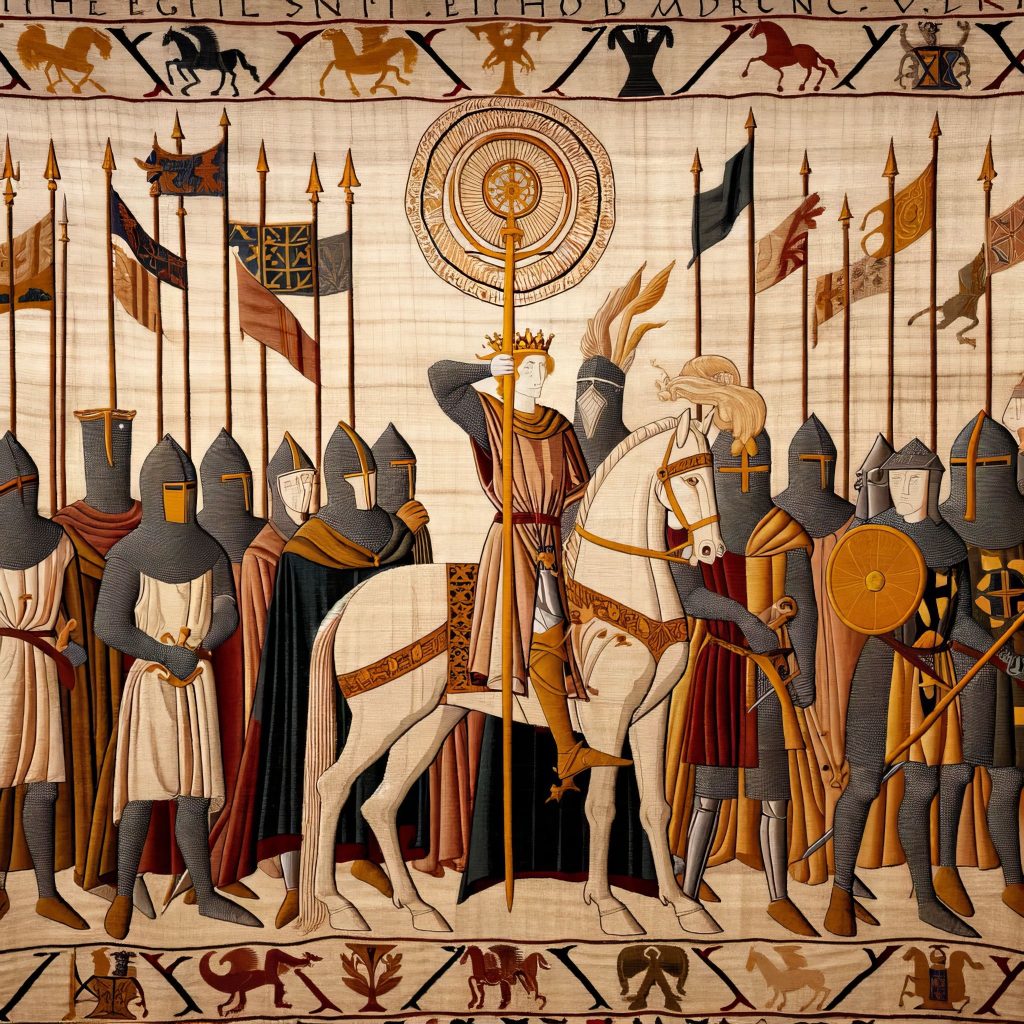 DALL·E 2024 02 12 08.31.55 An early medieval tapestry scene, capturing the aftermath of the siege of Camelot with a focus on simplicity and symbolic representation characteristi