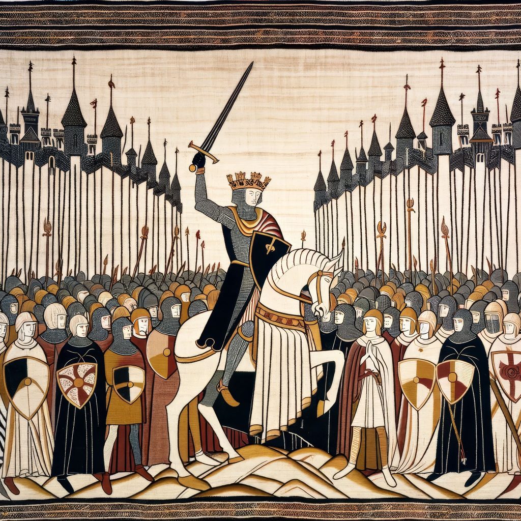 DALL·E 2024 02 12 08.32.10 An early medieval tapestry scene depicting the siege of Camelot, focusing on the simplicity and symbolic representation characteristic of early mediev