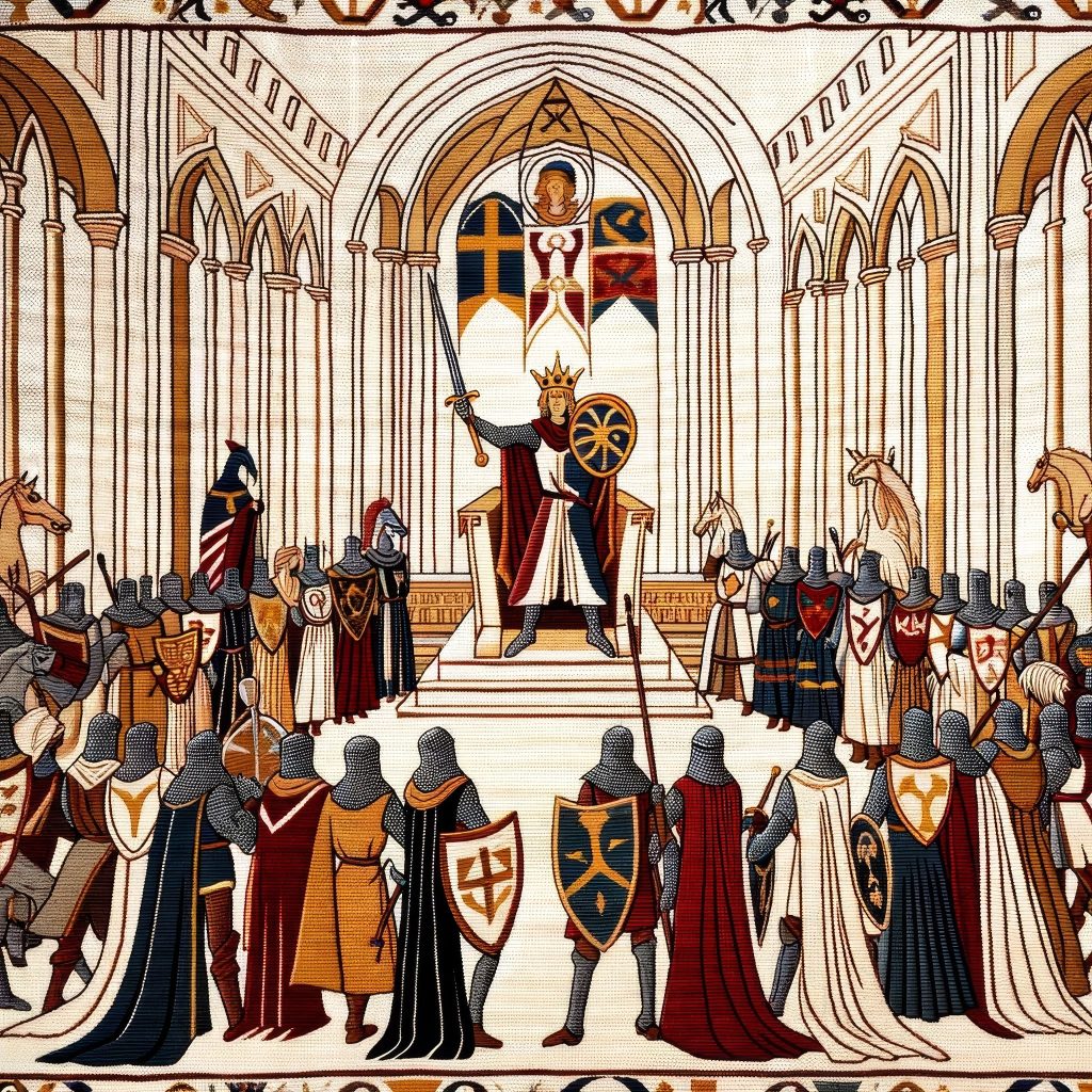 DALL·E 2024 02 12 08.32.18 An early medieval tapestry scene depicting King Arthur rallying his knights inside Camelot's grand hall, before the Round Table. The scene embraces th