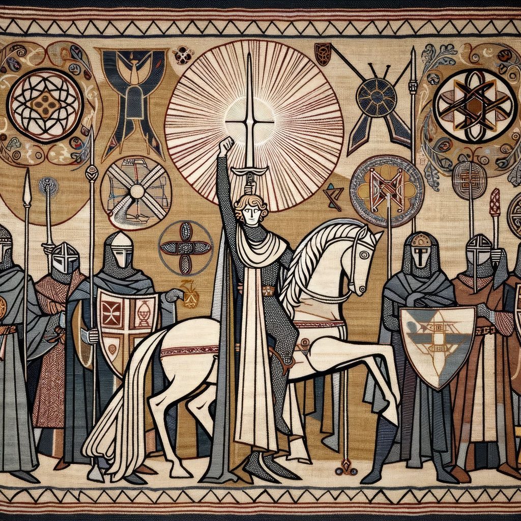 DALL·E 2024 02 12 08.32.23 An early medieval tapestry scene depicting the defenders of Camelot, armed not just with swords and shields but also with mystical artifacts. The scen