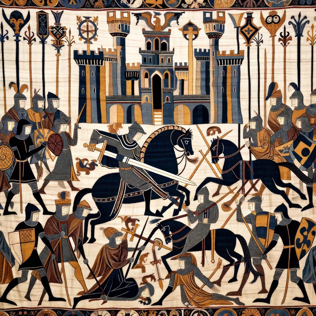 DALL·E 2024 02 12 08.32.26 An early medieval tapestry scene capturing the climax of the siege of Camelot, rendered in the symbolic and simplified style characteristic of early m