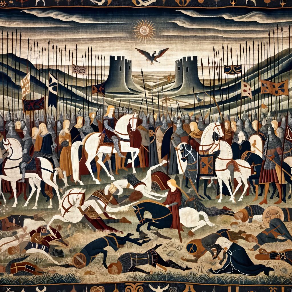 DALL·E 2024 02 12 08.32.31 An early medieval tapestry scene depicting the aftermath of the siege of Camelot, embracing the early medieval art style's focus on symbolic simplicit