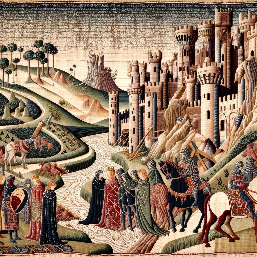 DALL·E 2024 02 12 08.32.38 An early medieval tapestry scene, capturing a reflective moment as Camelot begins to rebuild and heal from the siege. This scene is rendered in the ch