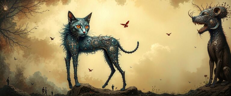 225354 surrealist art a cat on the left and a dog on the right dreamlike, mysterious, provocative, symbol