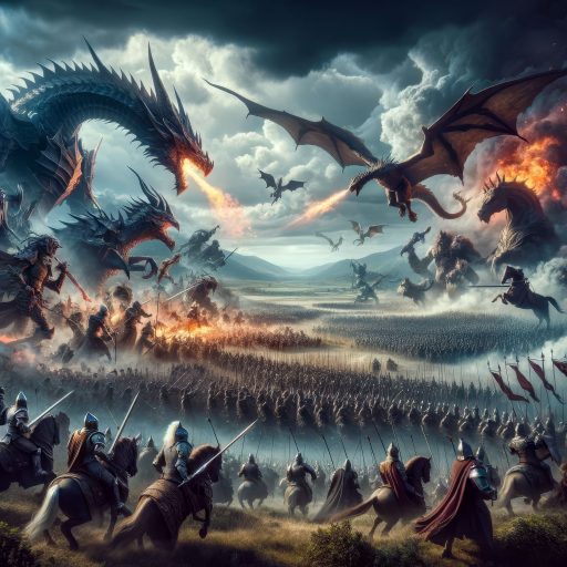 DALL·E 2024-02-09 16.57.30 - Create a cinematic style image for the 'Great Battles' category, showcasing an epic confrontation between armies of medieval knights and mythical crea
