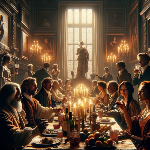 DALL·E 2024-02-09 16.58.08 - Create a cinematic style image for the 'Lifestyle' category, depicting a sophisticated dinner party set in an opulent, historical mansion, where guest