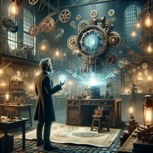 DALL·E 2024-02-09 16.59.57 - Create a cinematic style image for the 'Fake Technical Inventions' category, showcasing an inventor in a late 19th-century workshop surrounded by fant