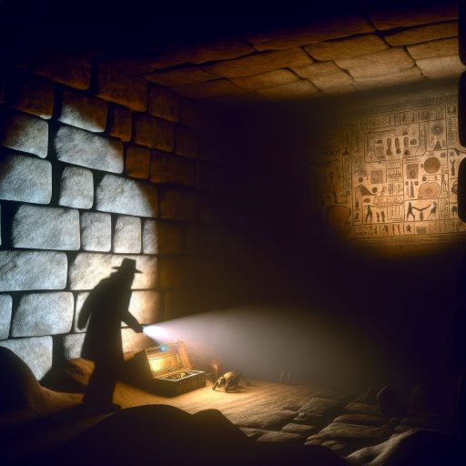 DALL·E 2024-02-09 17.10.47 - Create a cinematic style image for the 'Historical Mysteries' category, depicting a shadowy figure uncovering a hidden chamber within an ancient pyram