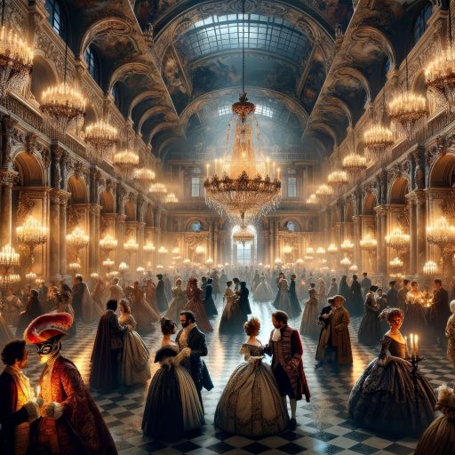 DALL·E 2024-02-09 17.14.44 - Create a cinematic style image for the 'Events' category, depicting a grand and opulent masquerade ball set in a vast, ornate palace. Guests from vari